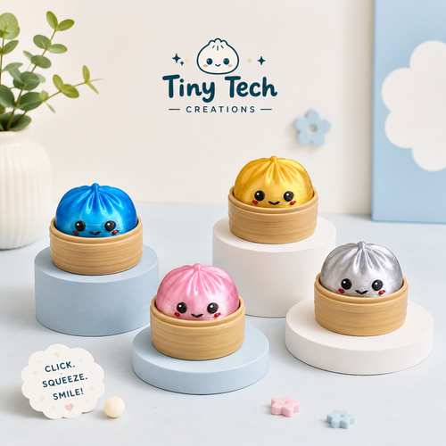 Dumpling Clicker fidget toy available in blue, pink, gold, and silver