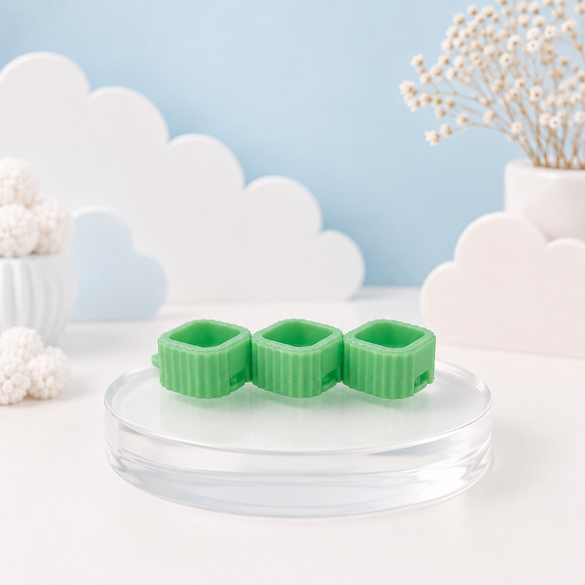 Green Modular Keyboard Clicker base on pastel blue Tiny Tech Creations display