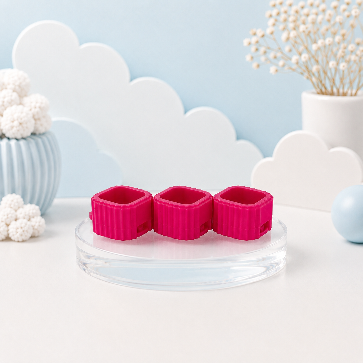 Hot Pink Modular Keyboard Clicker base on pastel blue Tiny Tech Creations display