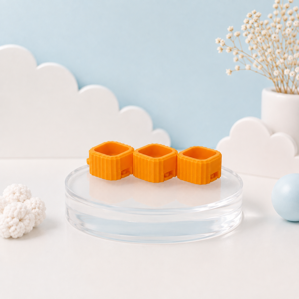 Orange Modular Keyboard Clicker base on pastel blue Tiny Tech Creations display