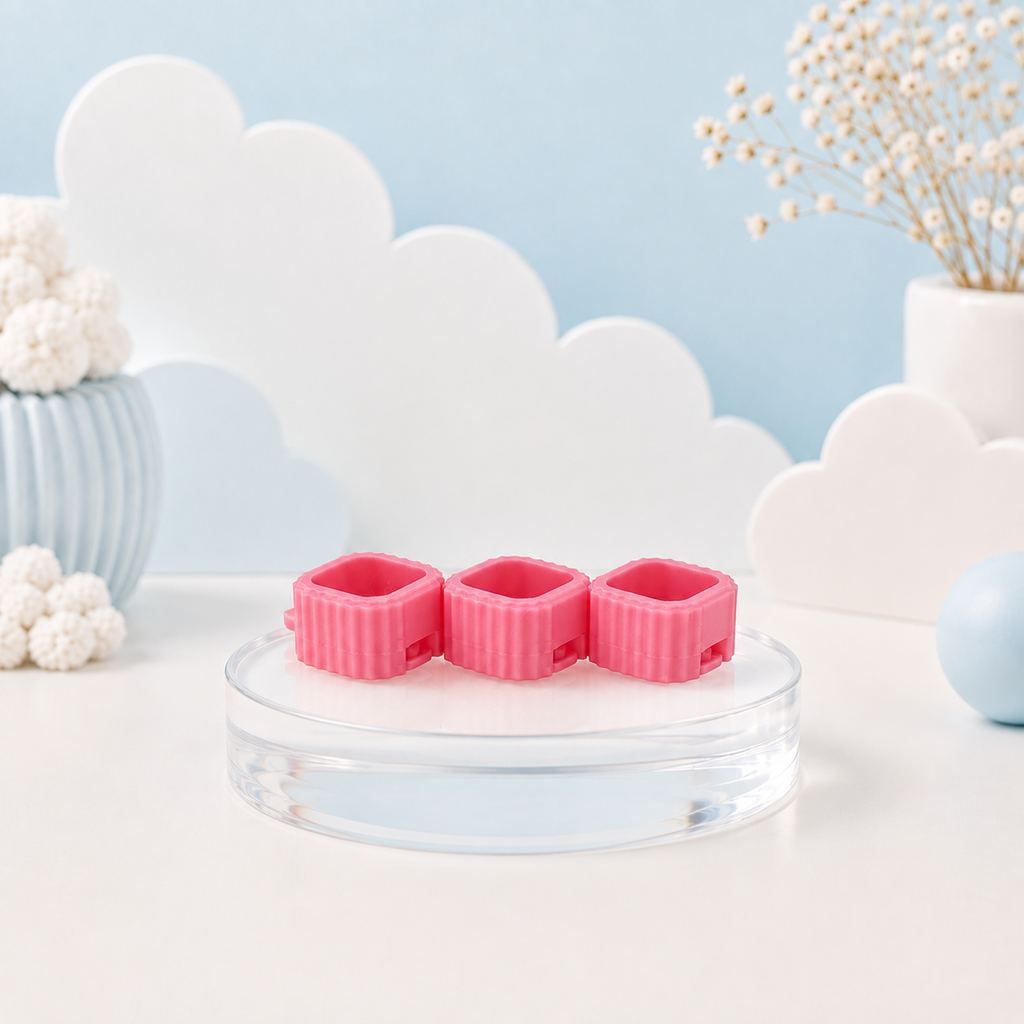 Pink Modular Keyboard Clicker base on pastel blue Tiny Tech Creations display