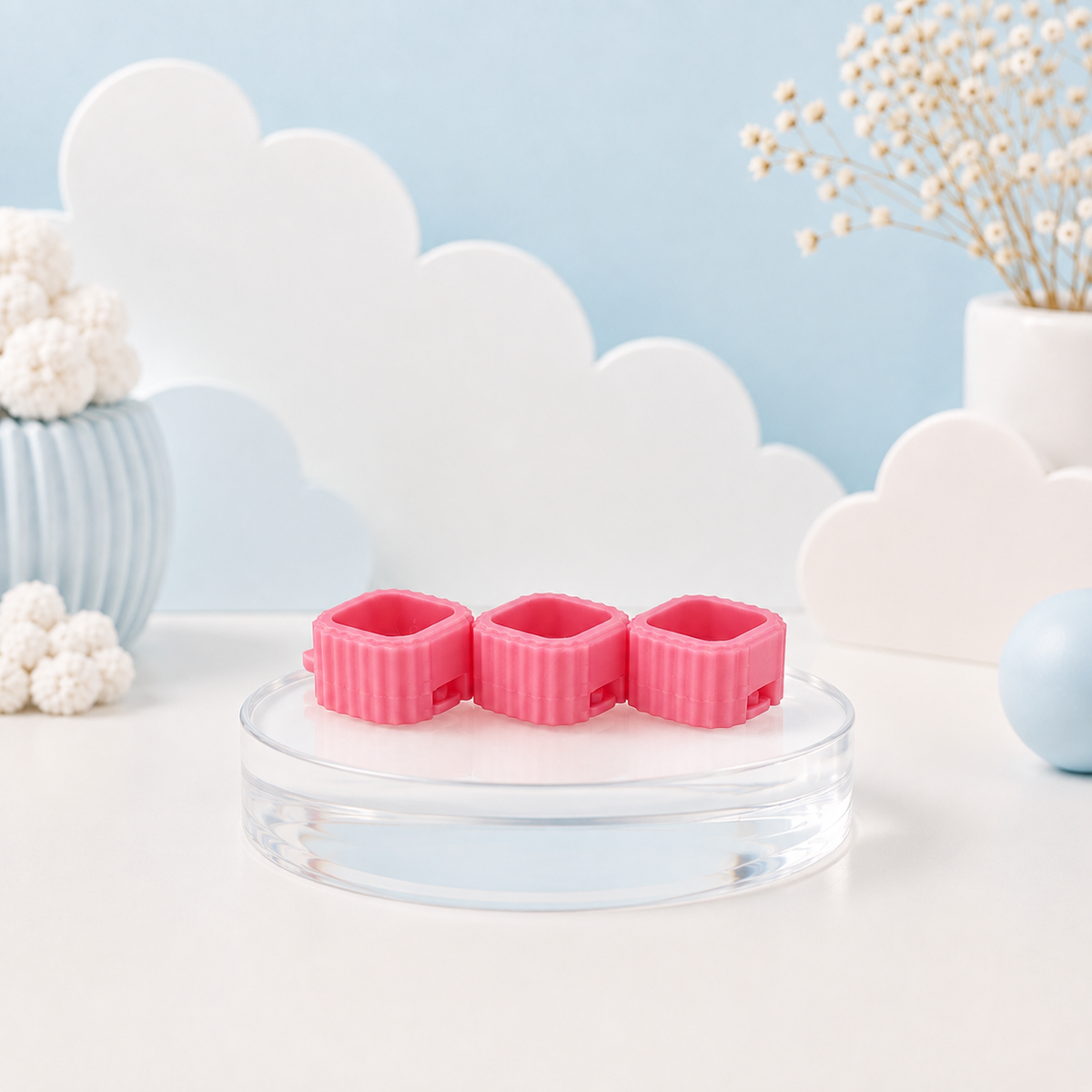Pink Modular Keyboard Clicker base on pastel blue Tiny Tech Creations display