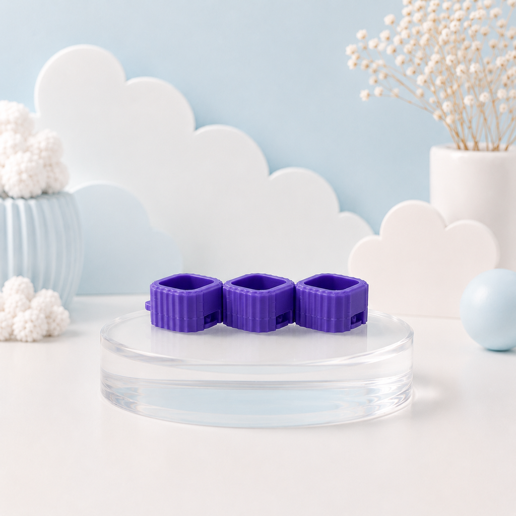 Purple Modular Keyboard Clicker base on pastel blue Tiny Tech Creations display