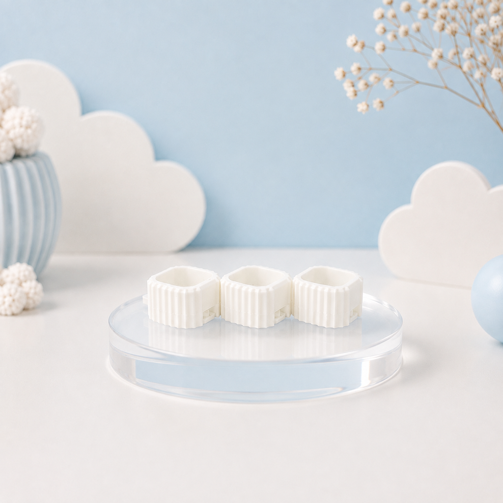 White Modular Keyboard Clicker base on pastel blue Tiny Tech Creations display