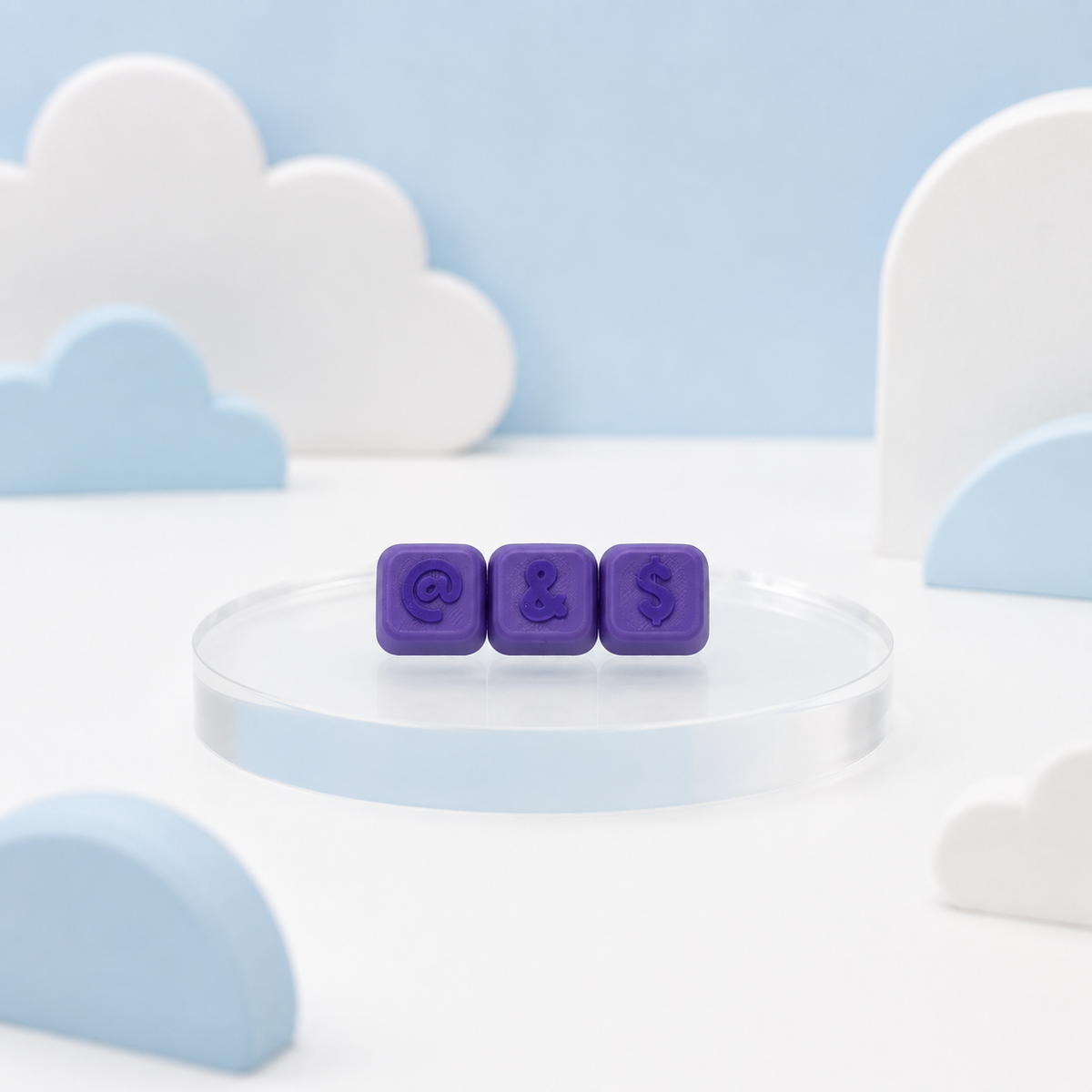 Lavender Modular Keyboard Clicker caps with Purple @, ampersand, and dollar symbols