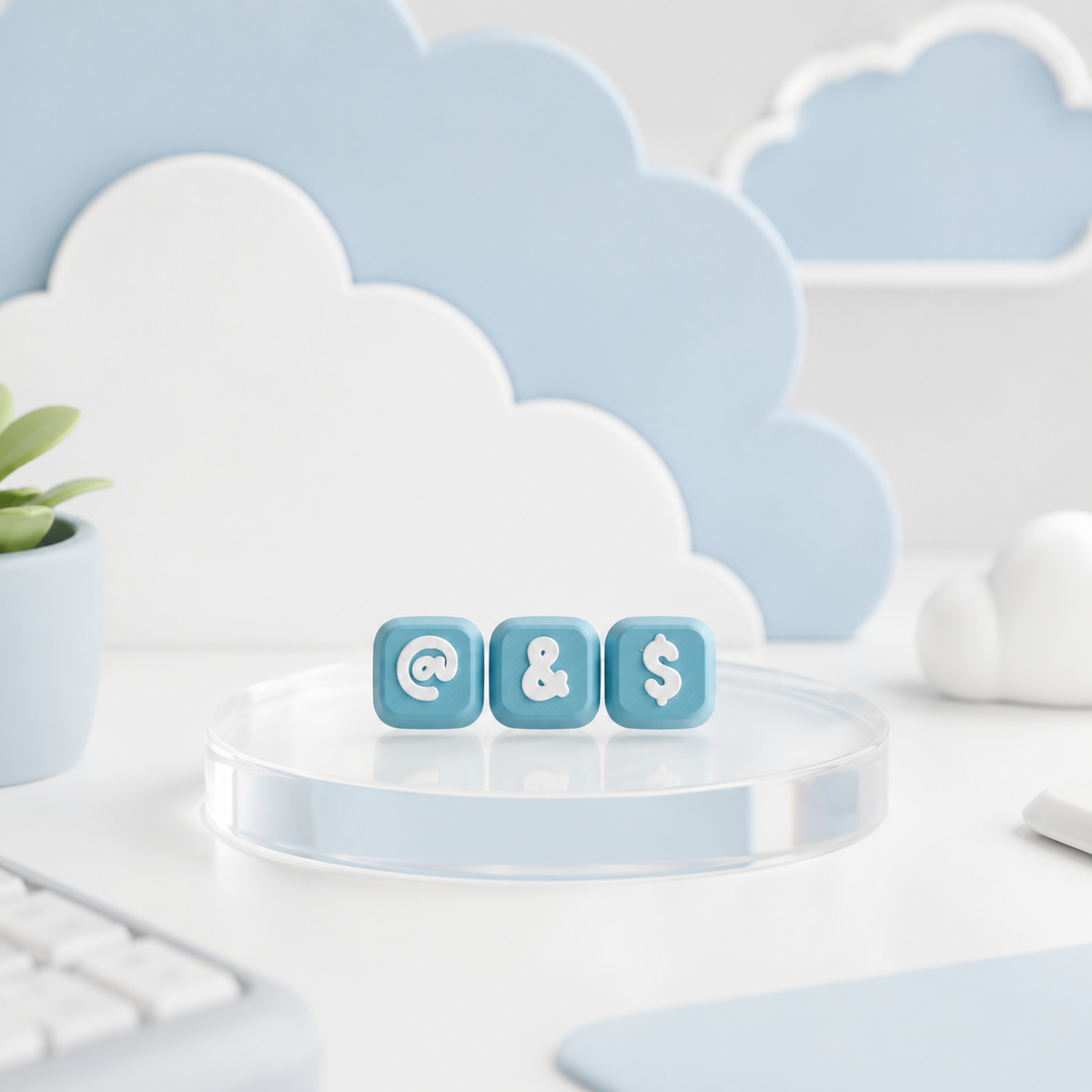 Light Blue Modular Keyboard Clicker caps with White @, ampersand, and dollar symbols