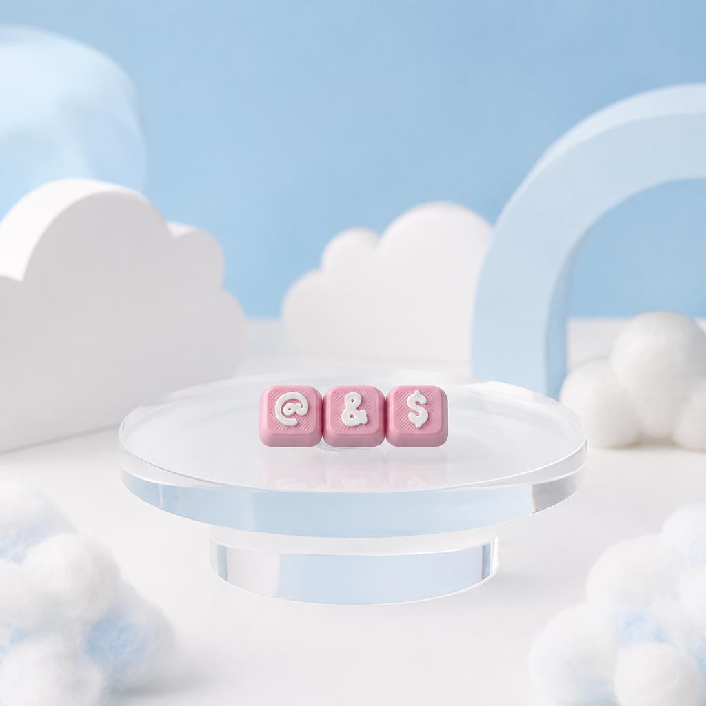 Pink Modular Keyboard Clicker caps with White @, ampersand, and dollar symbols
