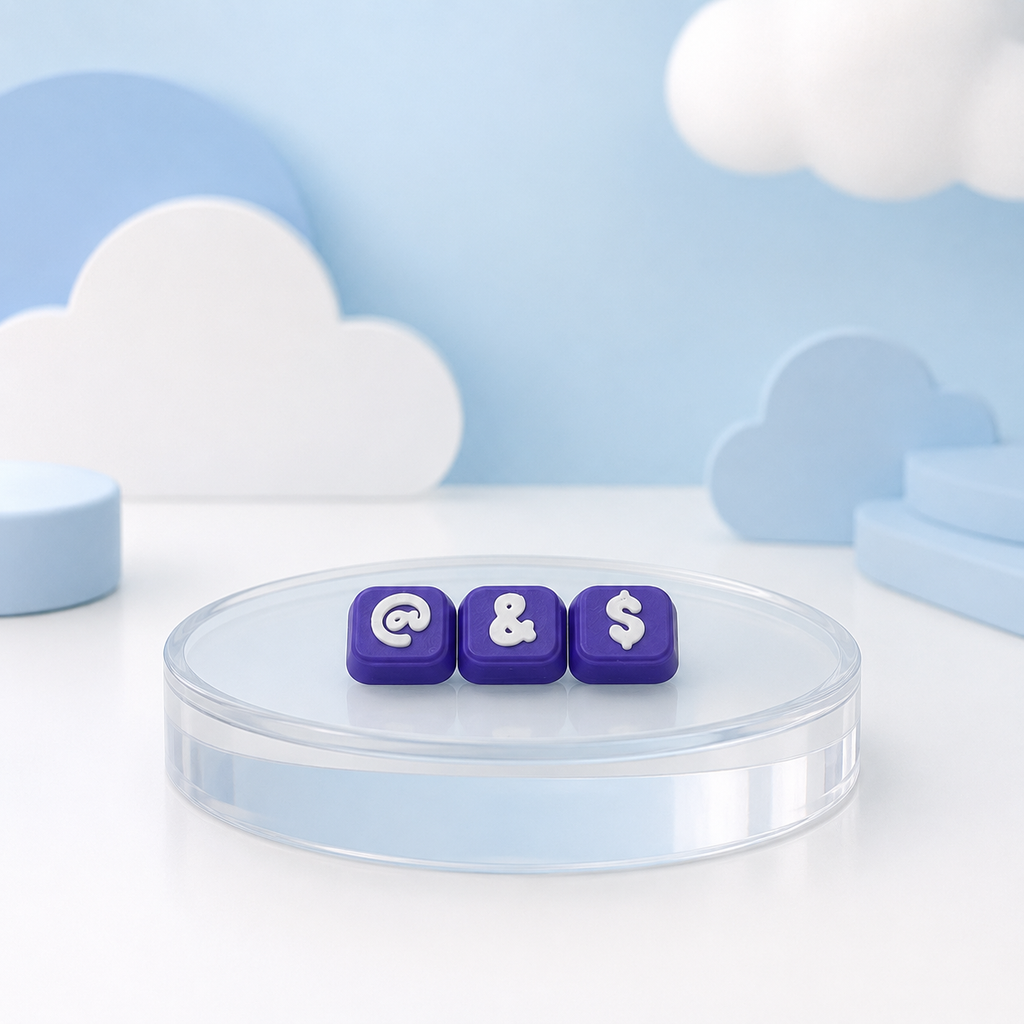 Purple Modular Keyboard Clicker caps with White @, ampersand, and dollar symbols