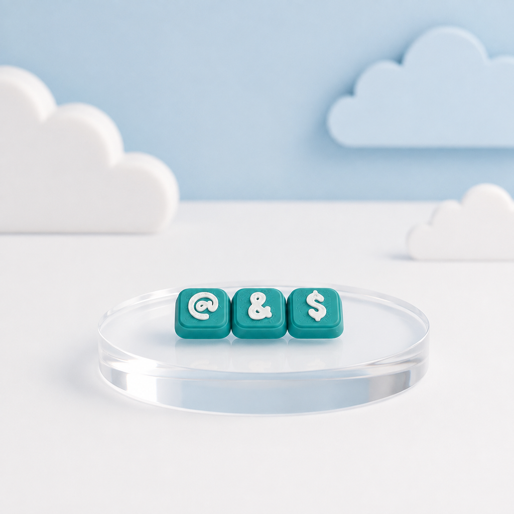 Teal Modular Keyboard Clicker caps with White @, ampersand, and dollar symbols