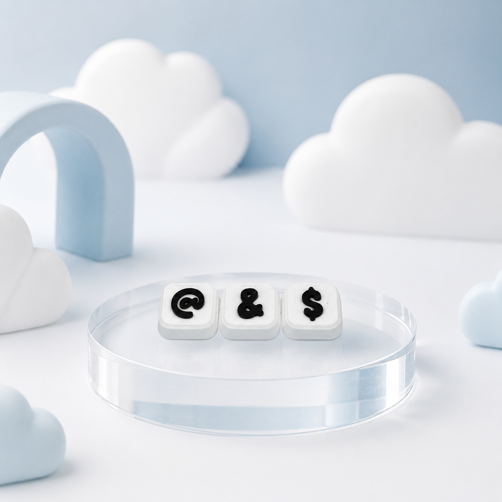White Modular Keyboard Clicker caps with black @, ampersand, and dollar symbols