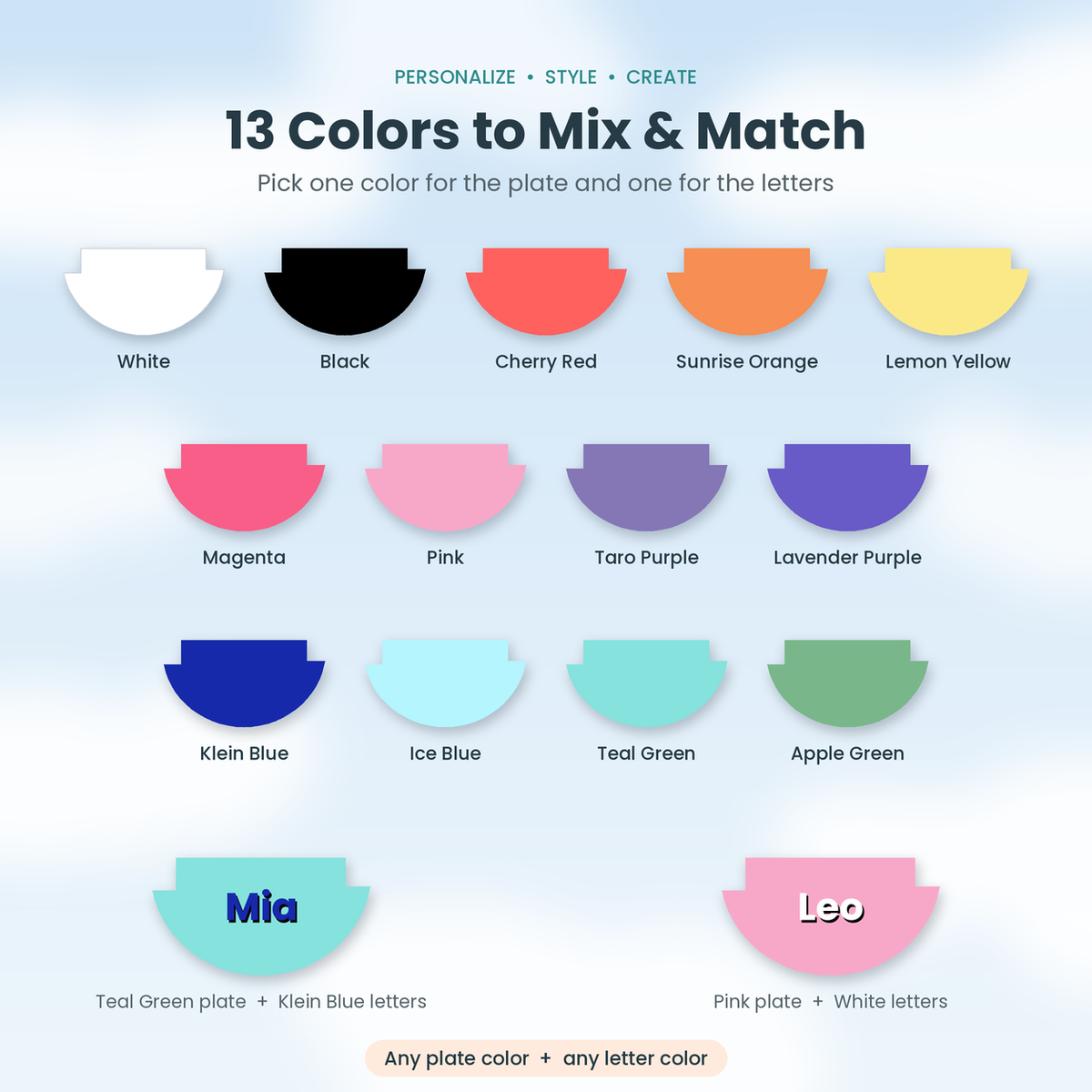 Personalized name plate color options: 13 plate and letter colors to mix and match