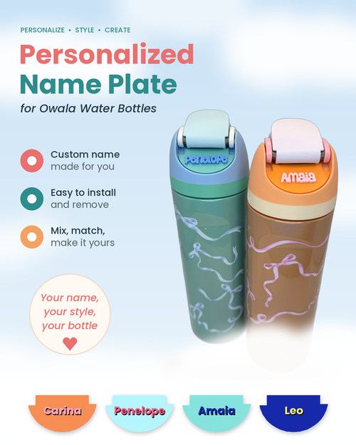 Two personalized Owala water bottles with custom 3D-printed name plates on a pastel cloud background