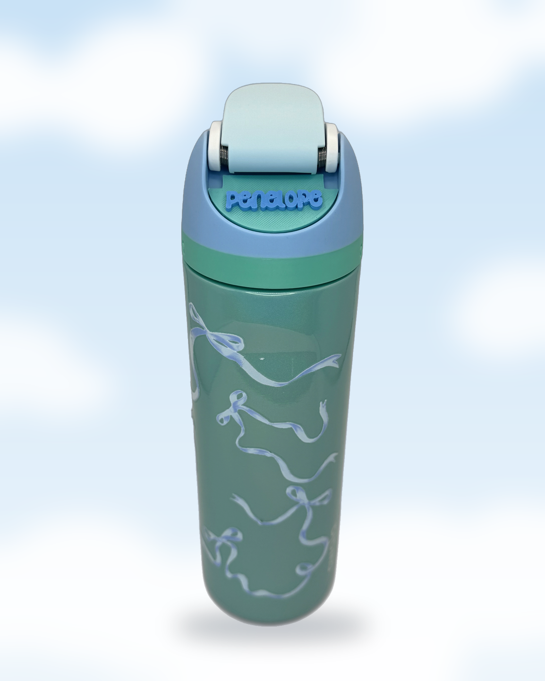 Teal Owala water bottle displaying a personalized Penelope name plate on a pastel cloud background