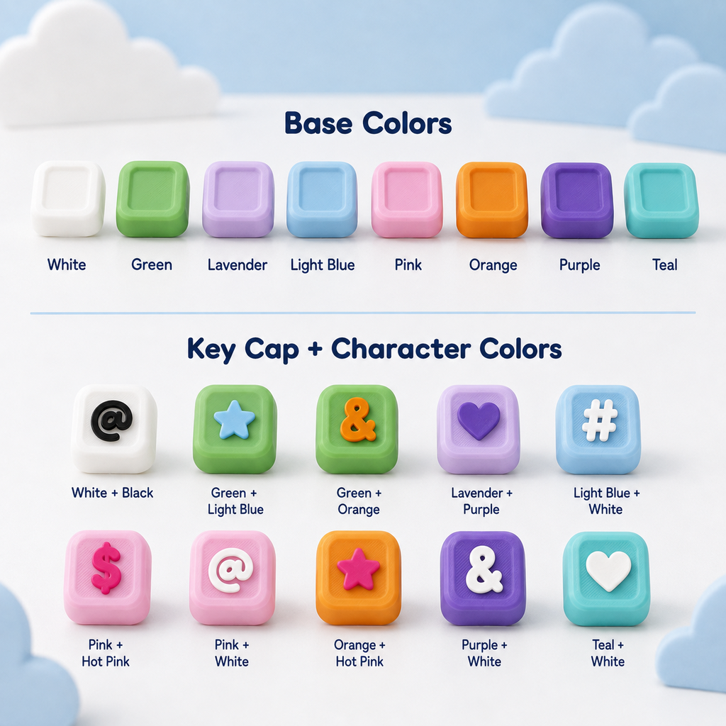 Modular Keyboard Clicker base colors and key cap plus character color options chart