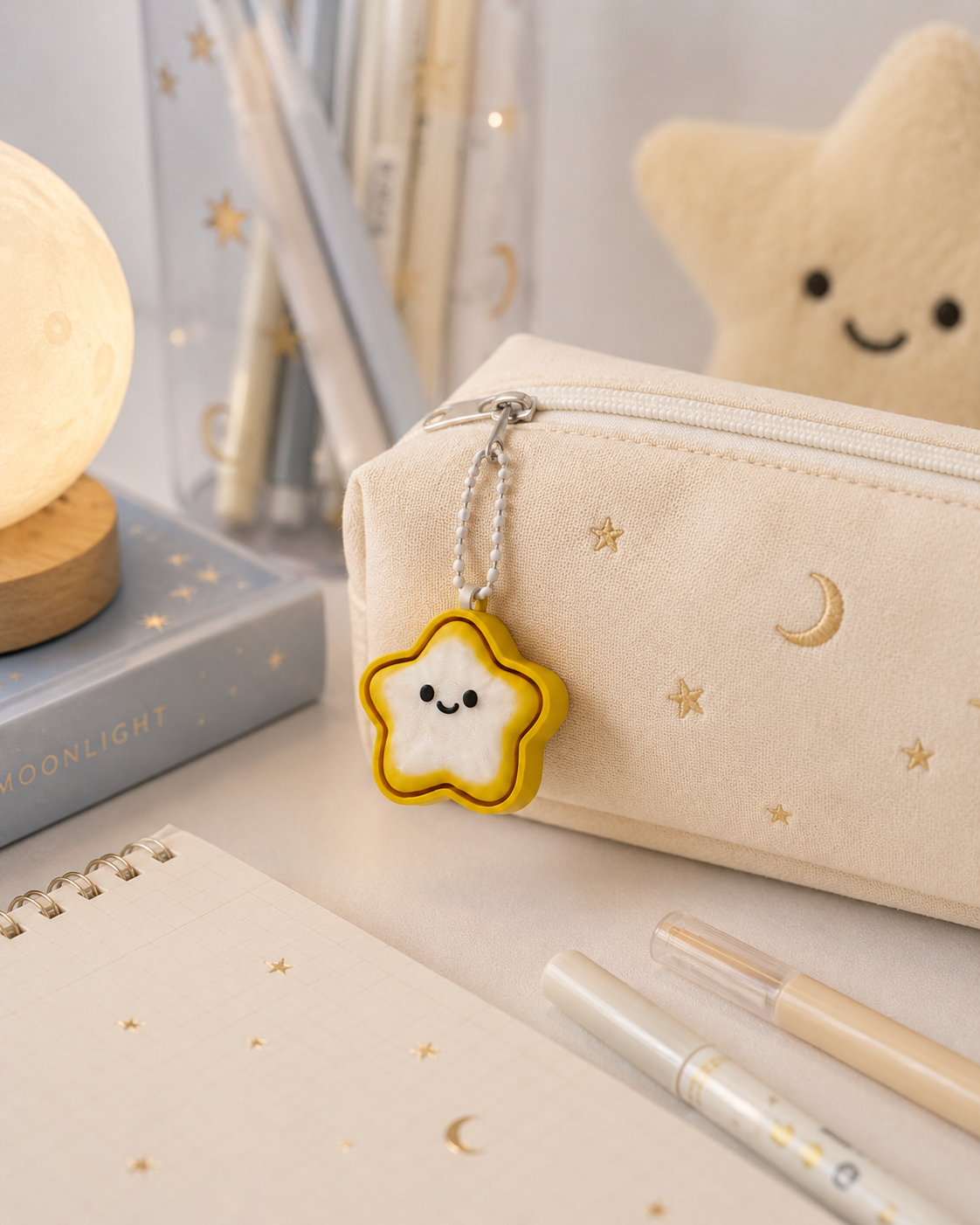 BiColor Yellow with Translucent White star keychain clicker attached to a pencil case