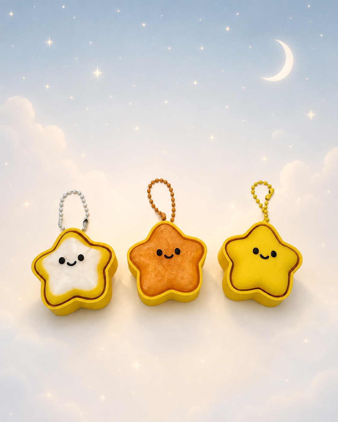 Star keychain clicker color options on a dreamy celestial background