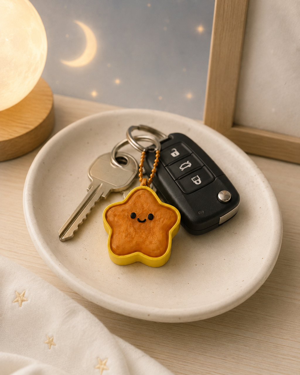Translucent Orange star keychain clicker attached to a set of keys