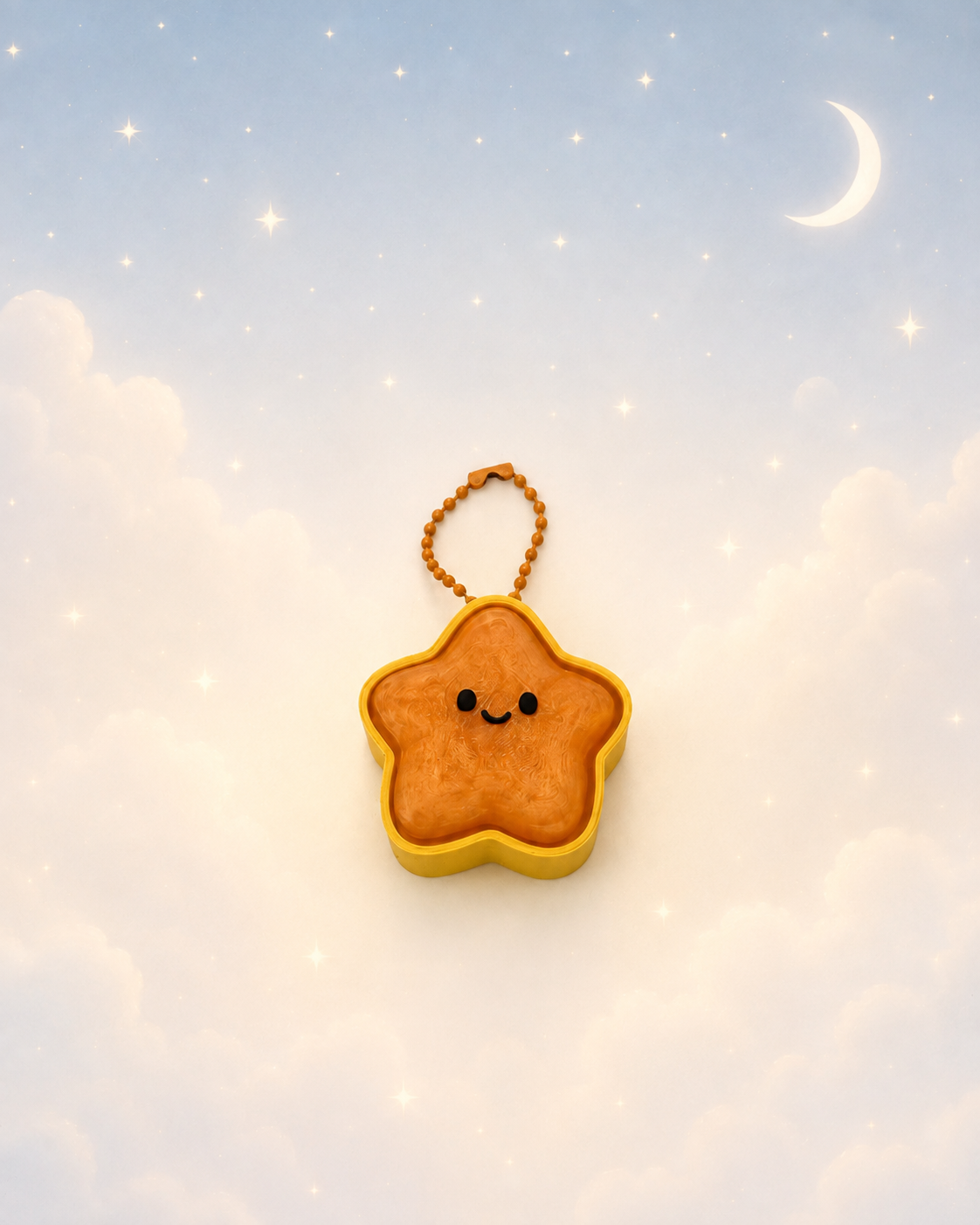 Translucent Orange star keychain clicker on a dreamy celestial background