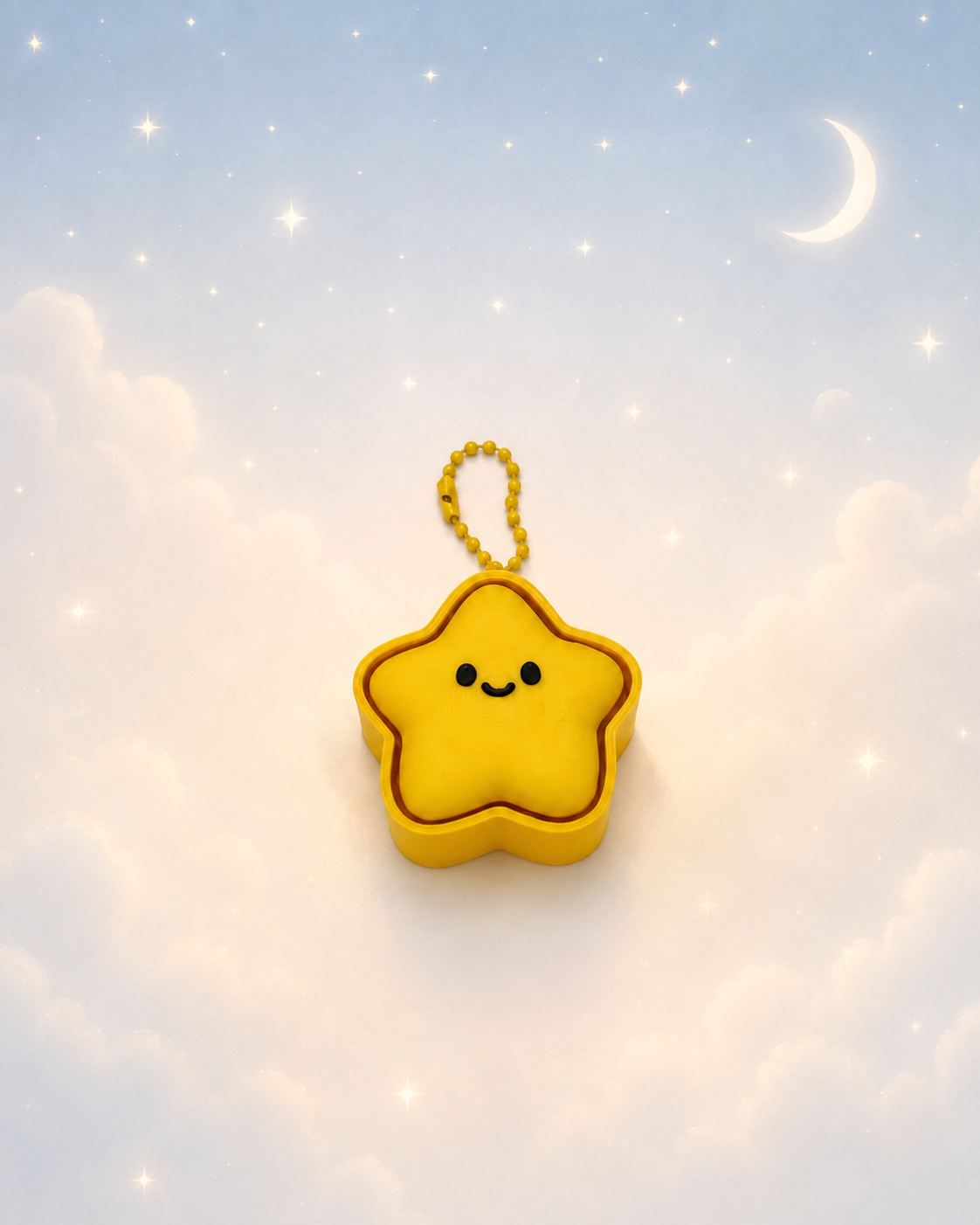 Yellow star keychain clicker on a dreamy celestial background