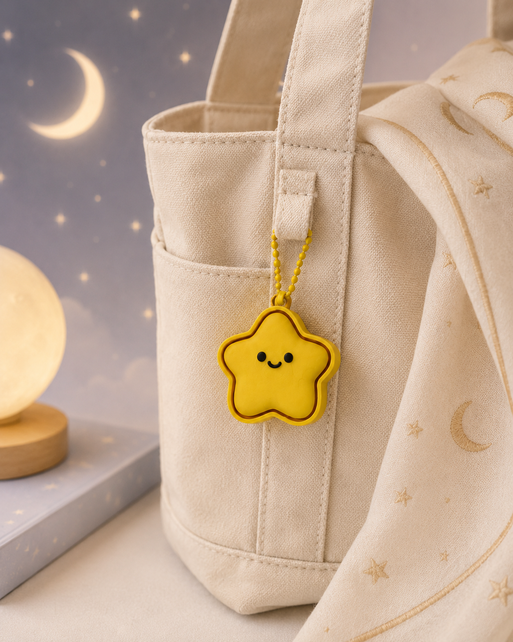 Yellow star keychain clicker attached to a neutral tote bag