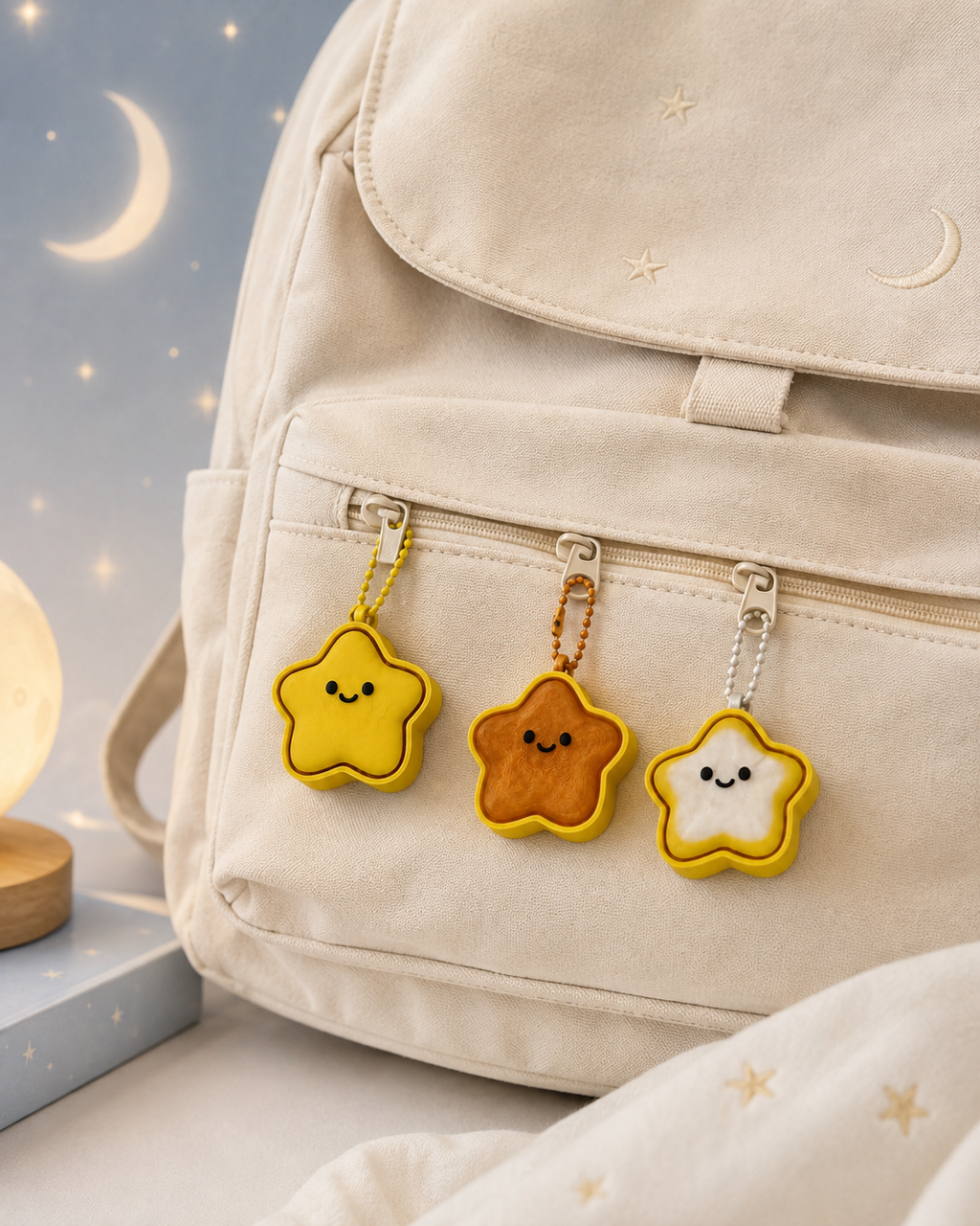 Three star keychain clickers attached to a celestial themed backpack