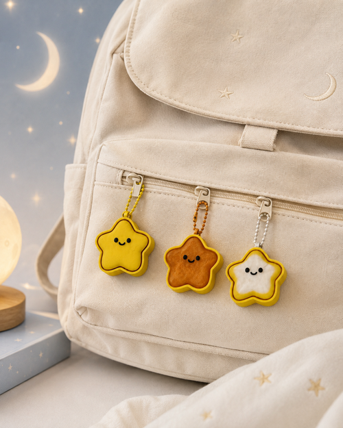 Three star keychain clickers attached to a celestial themed backpack