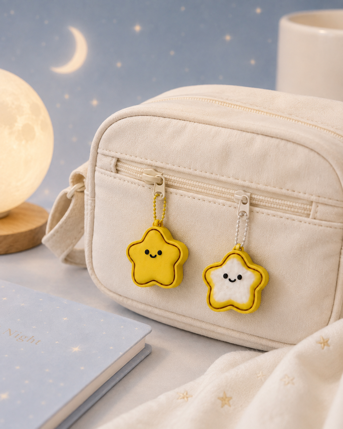 Yellow and BiColor star keychain clickers attached to a small pouch